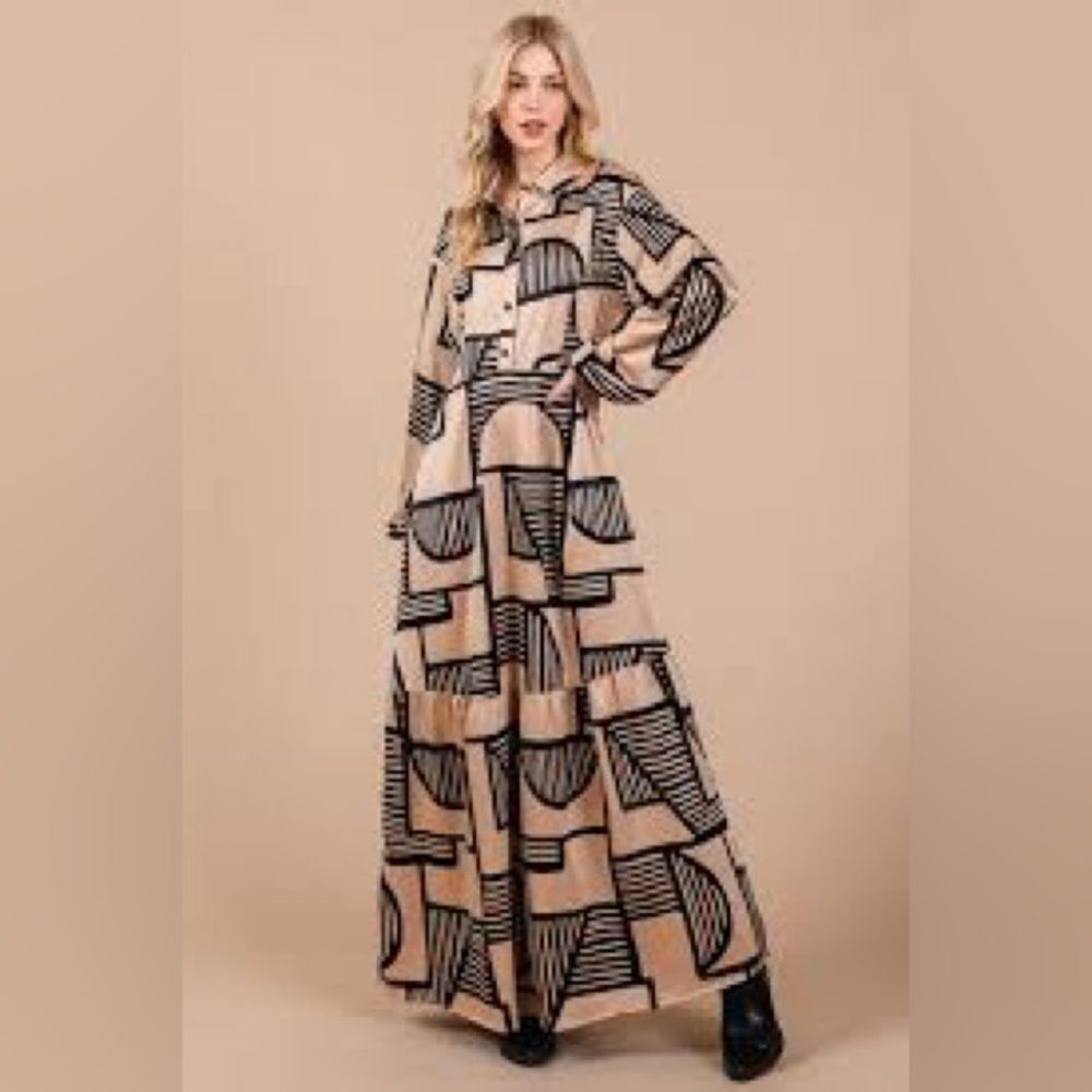New Ces Femme GEOMETRIC SATIN PRINT LONG SLEEVE MAXI TAUPE